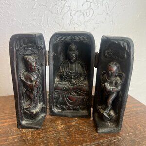 Antique Hand Carved Wooden Tryptic Buddhist Scroll